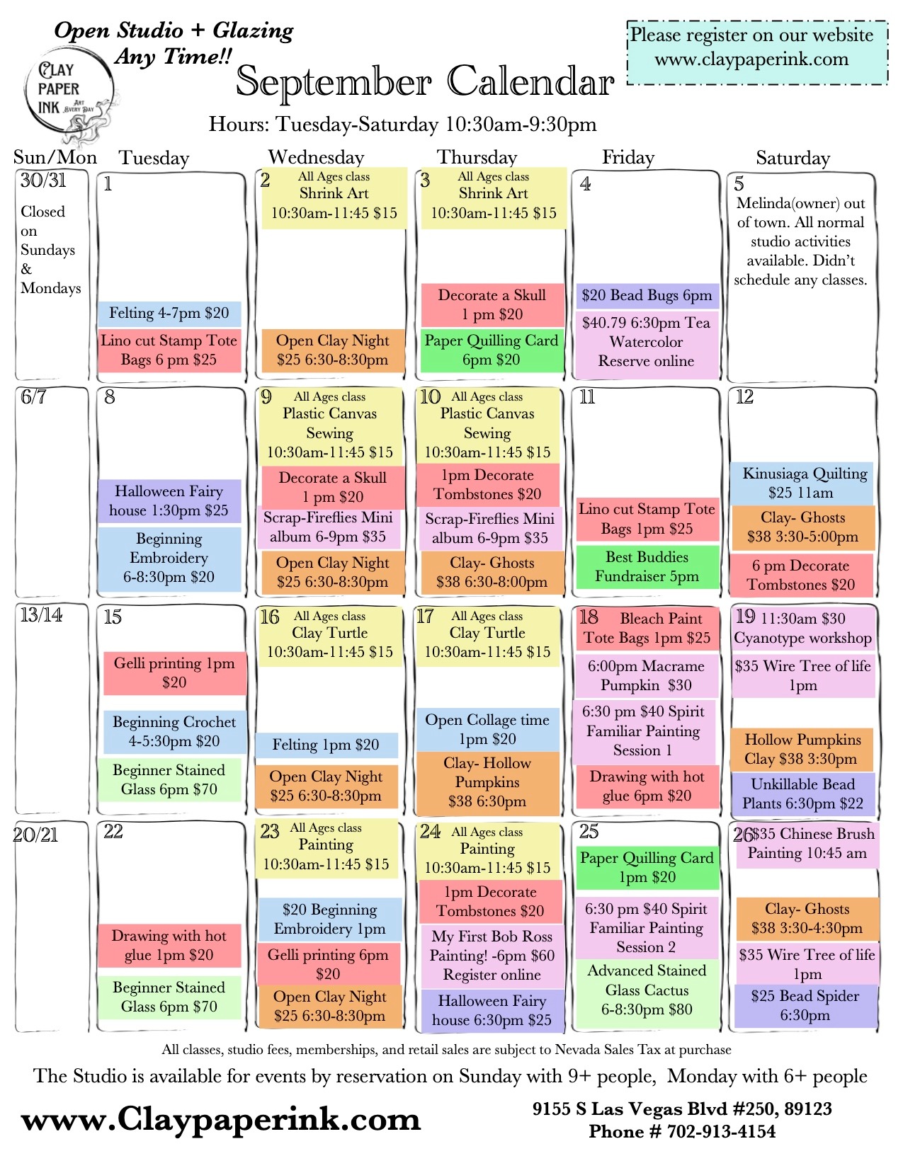 September calendar of classes and events at Clay Paper Ink