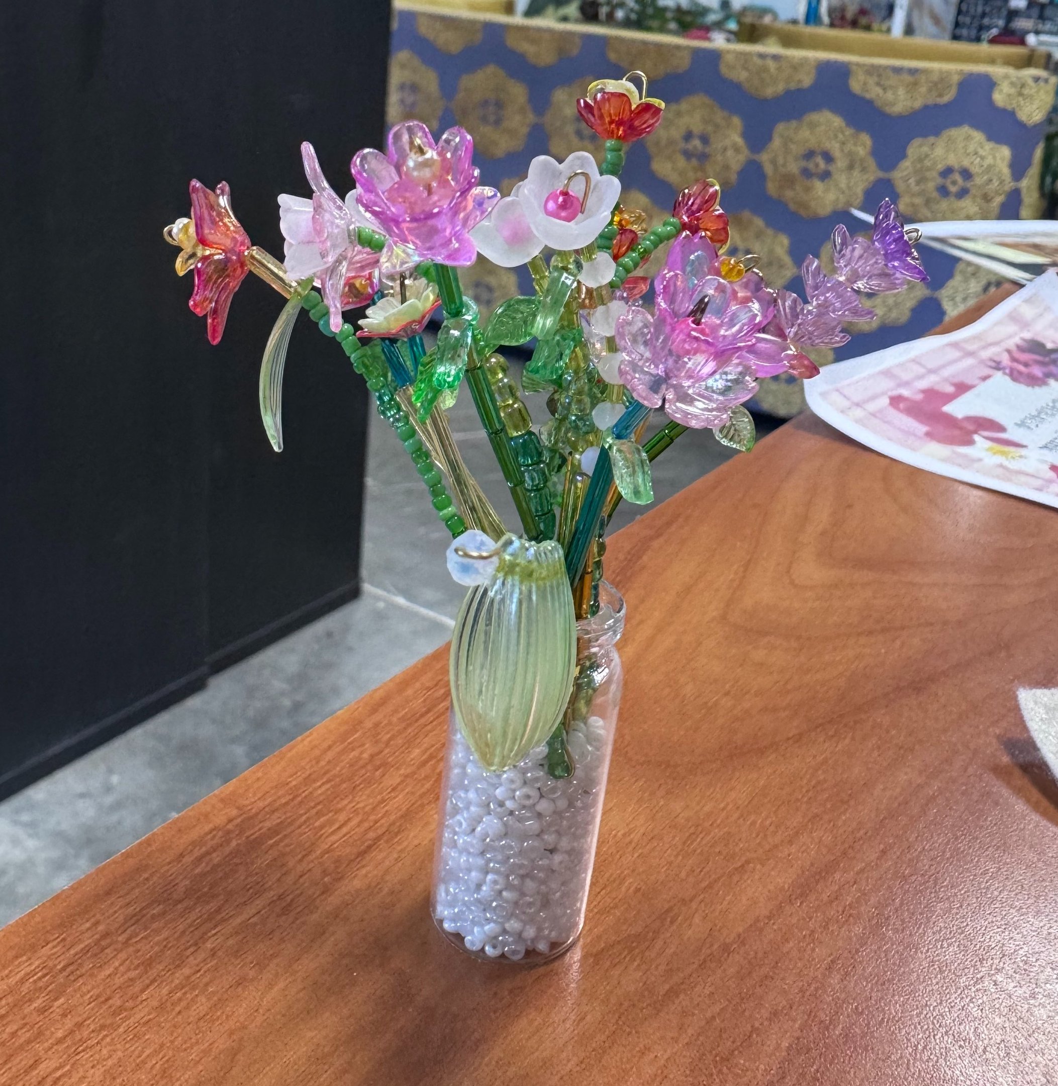 A bead bouquet of handmade flowers